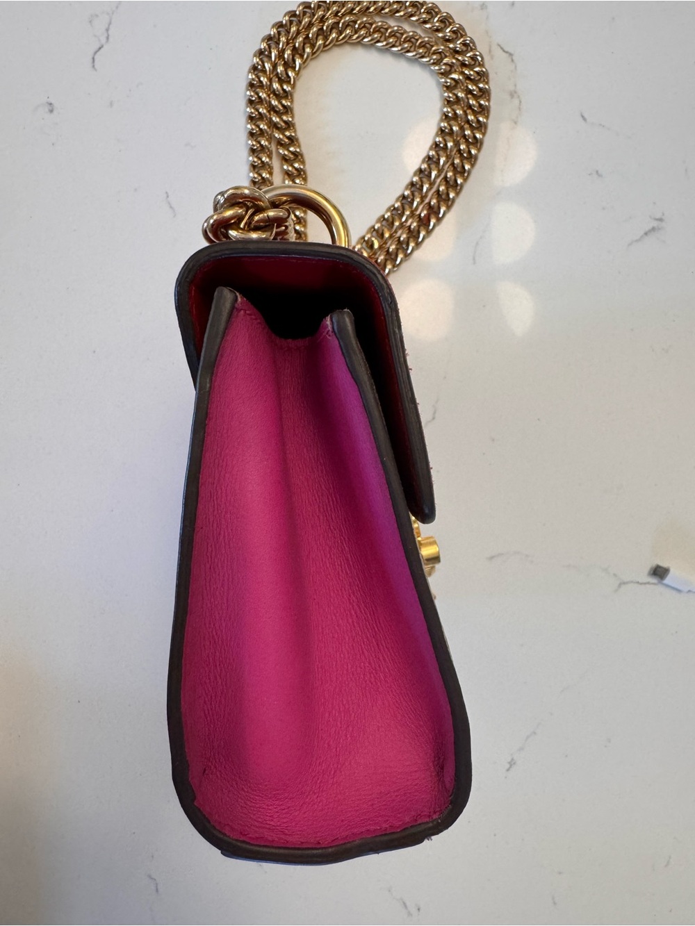 Gucci Red + Pink Leather & Monogram GG Canvas Crossbody with Gold Chain - Picture 3 of 12